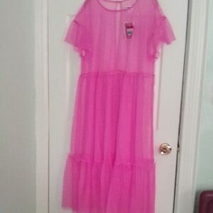 Pink Tiered Ruffled Sundress PRIDE by Target. Short Sleeves. See through Mesh.